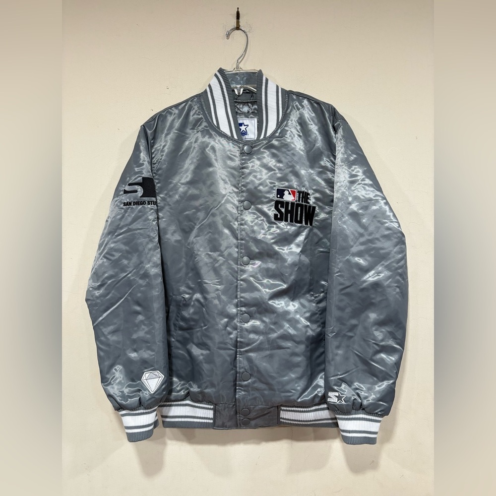 Starter MLB The Show Satin Bomber Jacket Size Medium Rare Gray Promo Jacket